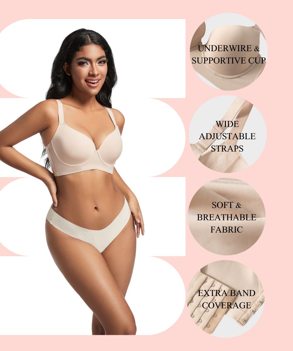 1.Underwire & Supportive Cup 2.Wide Adjustable Straps 3.Soft & breathable fabric 4.Extra band coverage